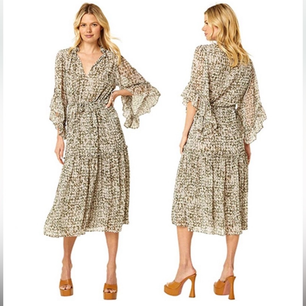 Misa Marcele Olive Abstract Floral Chiffon Midi Dress Women's Green Size: S NWT